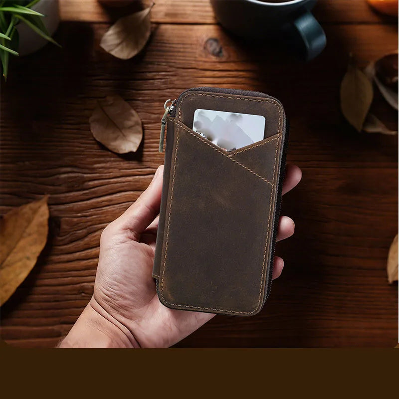 Genuine Leather Pencil Case with 4 Slots Handmade Multifunctional Zipper Fountain Pen Bag Student Stationery Pen Box